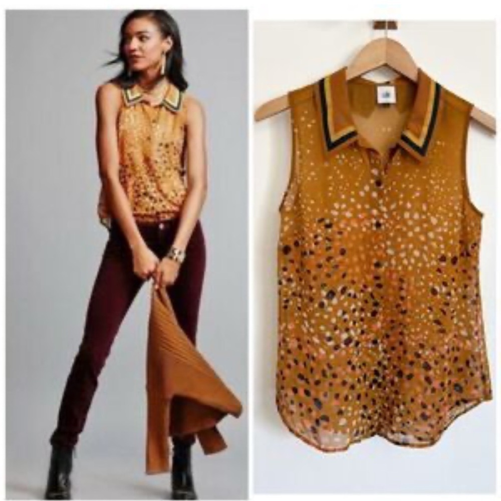 CAbi - Cheers Ombre Dot Sleeveless Blouse Top small gold blue